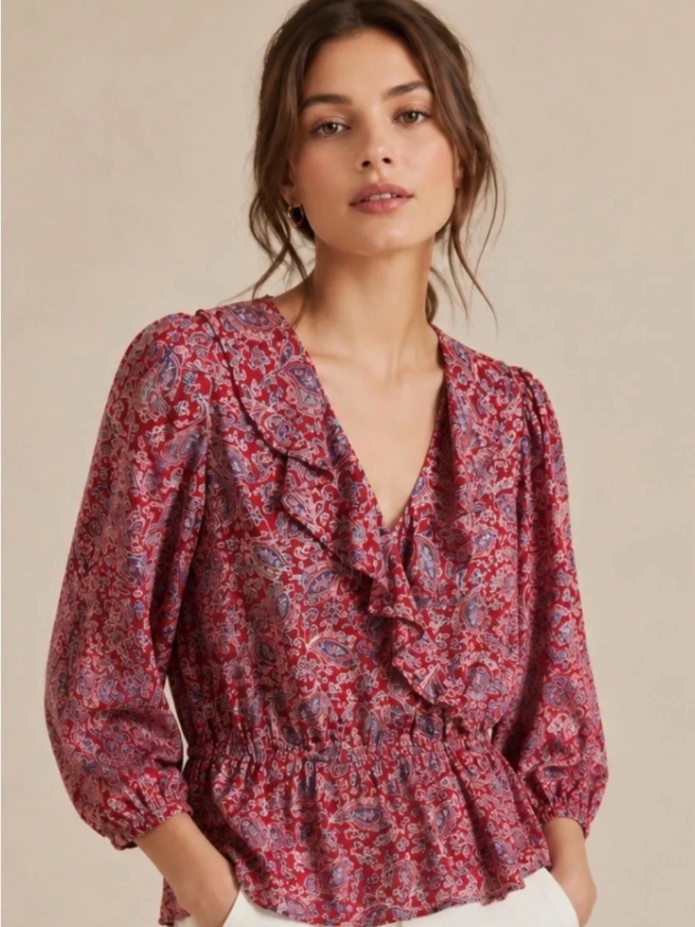 Chaps Ralph Lauren Ruffled V-Neck Paisley Blouse in Red Sz L